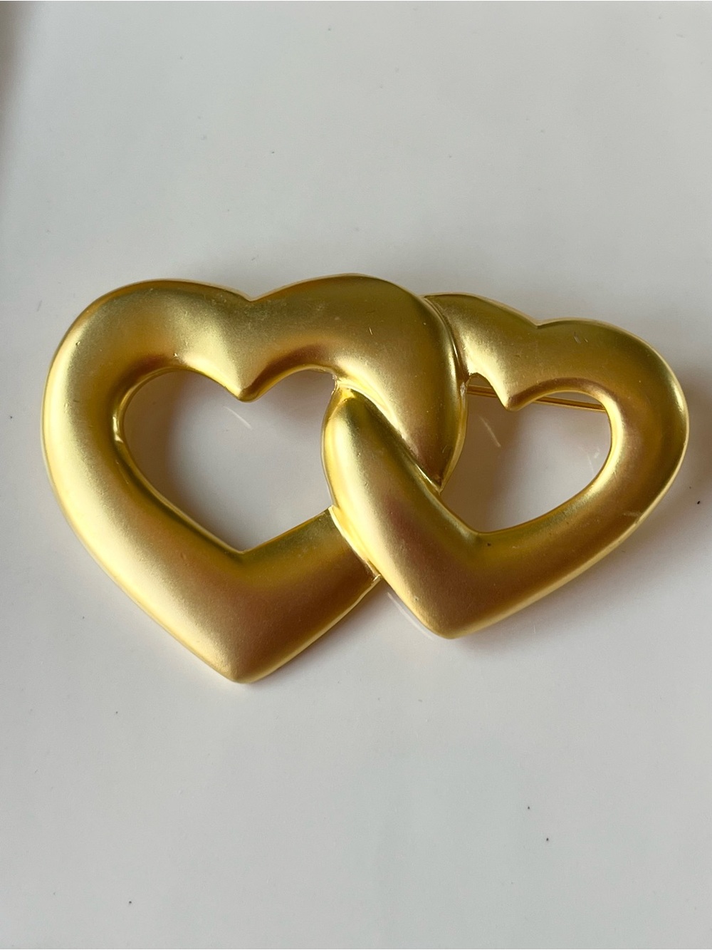 Vintage Satin Gold Tone Interlocking Hearts Brooch